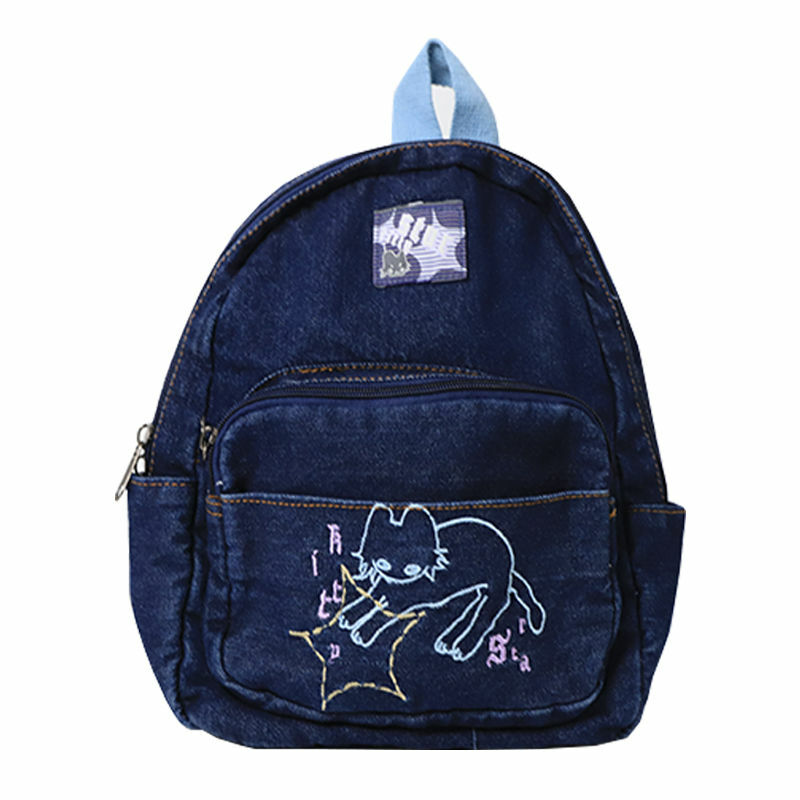 اليابانية بسيطة Kawaii القط على ظهره ، حقيبة يد الدنيم ، حقائب الكتف سعة كبيرة ، حقيبة مدرسية الطالب ، لطيف المرأة على ظهره