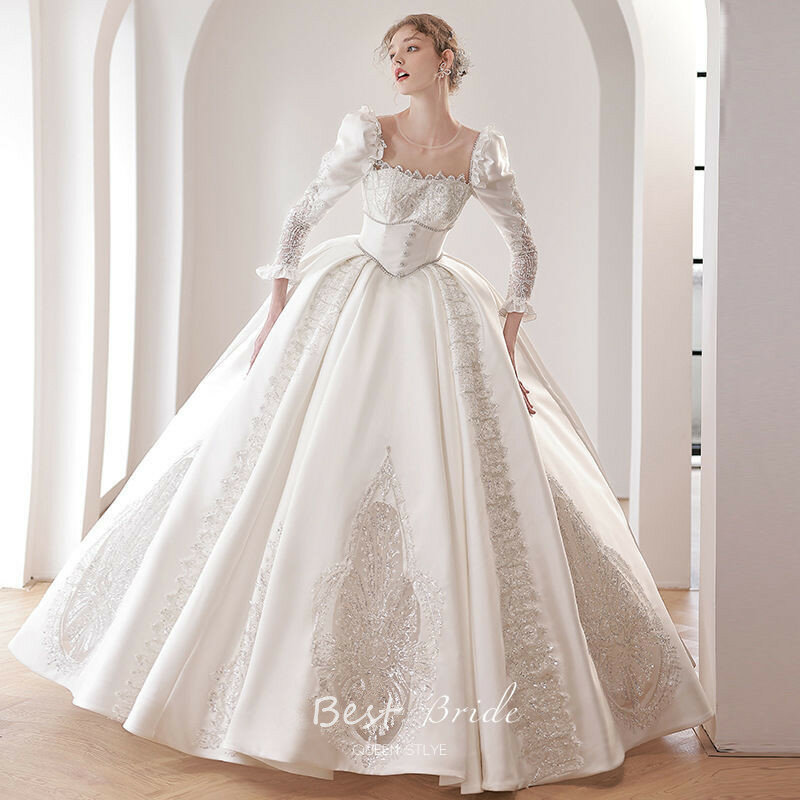 Elegant Noble Ball Gown Wedding Dress Princess Pearls Sequins Appliqued Puffy Sleeves Marriage Bridal Gown Robe De Mariée