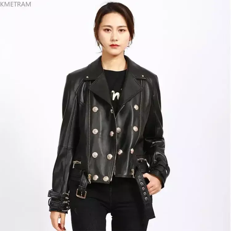 Jaqueta de couro real feminina, casaco de pele de carneiro, casacos de motociclista, curto, rua secundária, moda, SGG, 2024