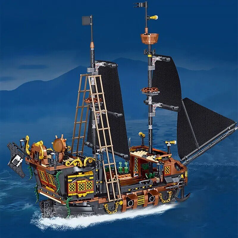 كتل بناء سفينة القراصنة الإبحار العاصفة سفينة موك نموذج مجموعات الطوب الإبداعية سطح المكتب الديكور الأطفال ألعاب ديي التعليمية