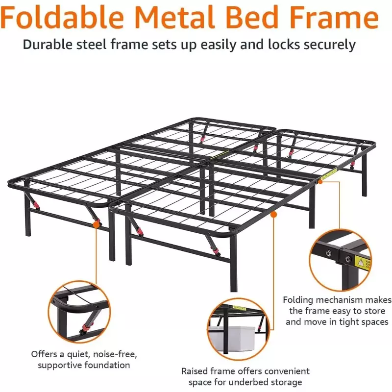Bed Frame Foldable Metal Platform Bed Frame, Tool-Free Setup, Multi-Inch, Sturdy Steel Frame, No Springs Required, Large, Black