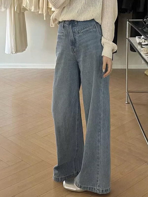 Jeans de cintura alta feminina com bolsos, justo, reto, comprimento total, streetwear casual, calças confortáveis, ajuste solto, estilo coreano