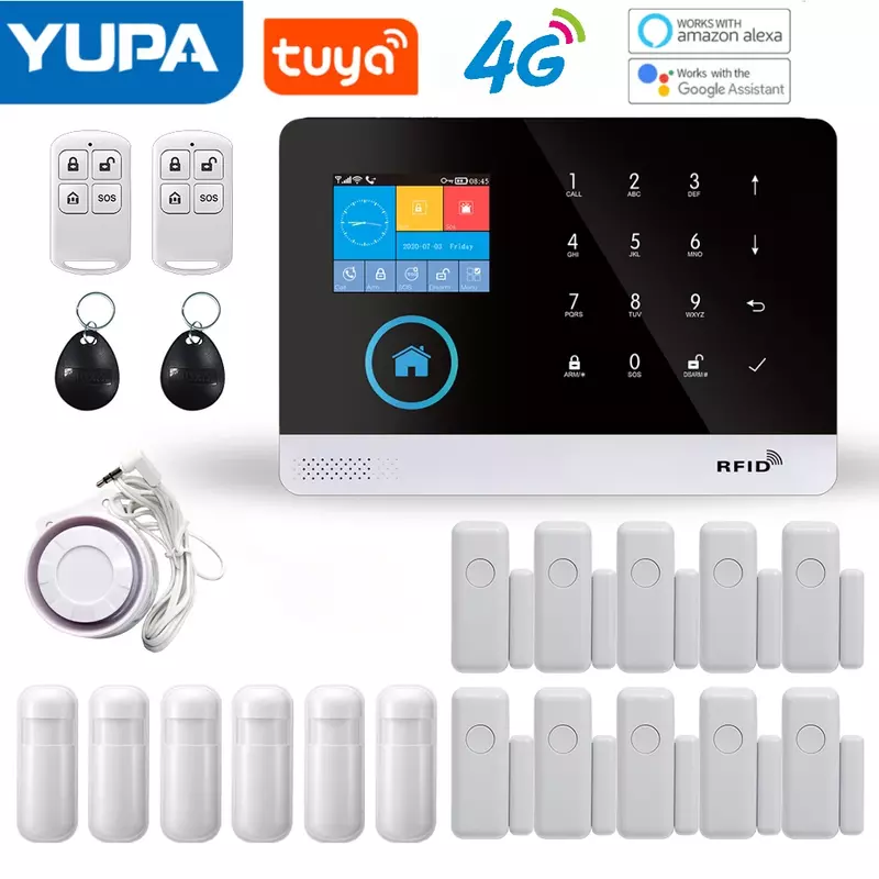 Sistema de alarma con WiFi 4G para el hogar, Kit de alarma inteligente con Control por aplicación Tuya Smart Life, Sensor de puerta PIR, Panel de alarma contra incendios