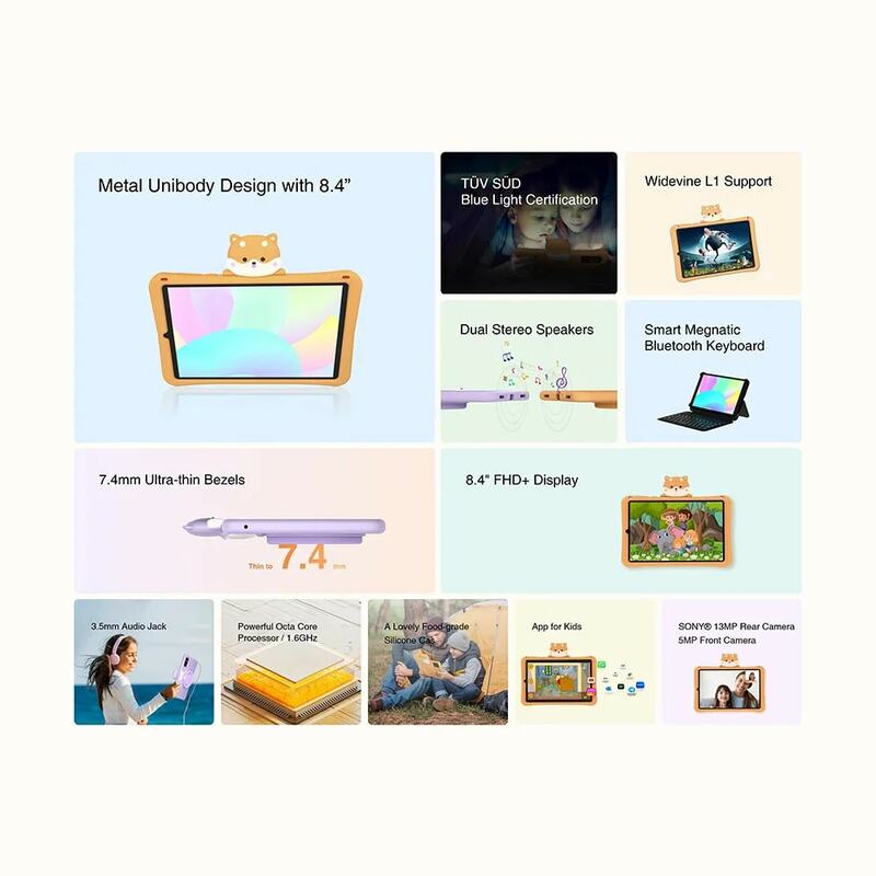 DOOGEE-T20mini Tablet PC para criança, corpo ultra-fino, T20MP, 7,4mm, 8,4 "FHD, teste V Ship Display, 4GB + 128GB, 5060mAh bateria, Widevine L1, Wi-Fi 6