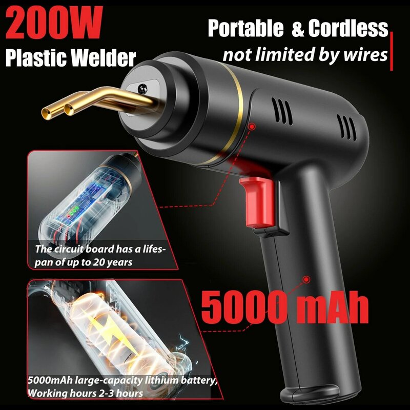 200W Cordless Plastic Welder Gun Plastic Welding Kit 400/1200PCS Hot Stapler USB Rechargeable Bumper Repair Kit for Most Plastic