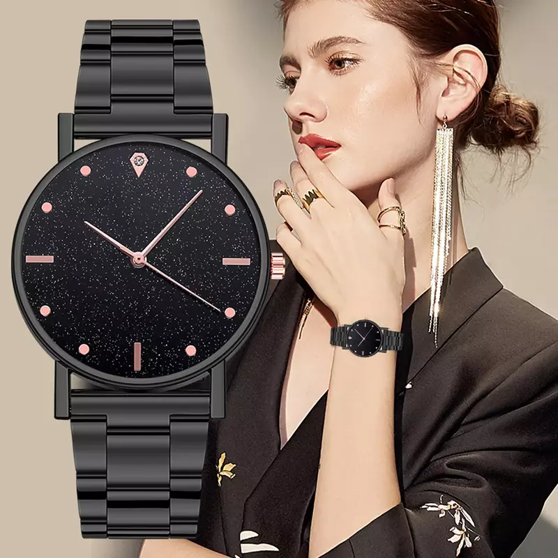 Orologio da donna nero 2024 Top Brand Luxury Starry Sky Lady cinturino in acciaio inossidabile orologio da polso analogico al quarzo per Dropship