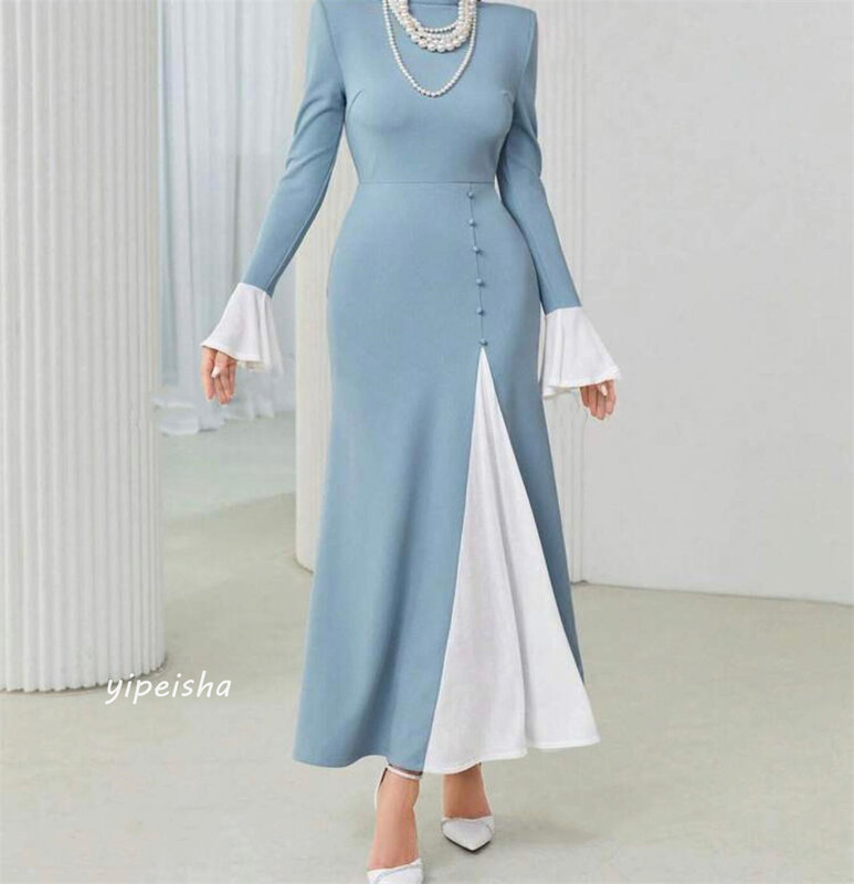 Jersey Draped Pleat Ruffles Clubbing A-line High Collar Bespoke Occasion Gown Midi Dresses
