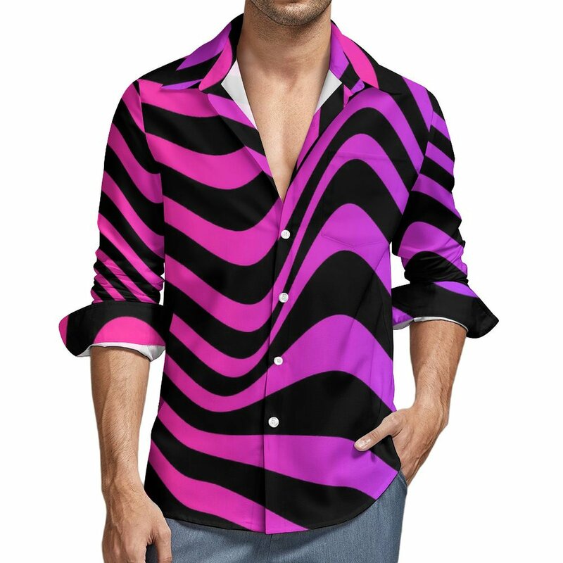 Camisa informal a rayas abstractas para hombre, blusas cómodas con forma geométrica de manga larga, Tops de gran tamaño con gráfico clásico, otoño
