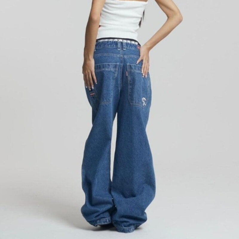 Deptown Vintage luźne dżinsy Y2k wiosna 2024 kobiet za duże spodnie dżinsowe Streetwear szerokie kieszenie spodnie haftowane koreańskiej
