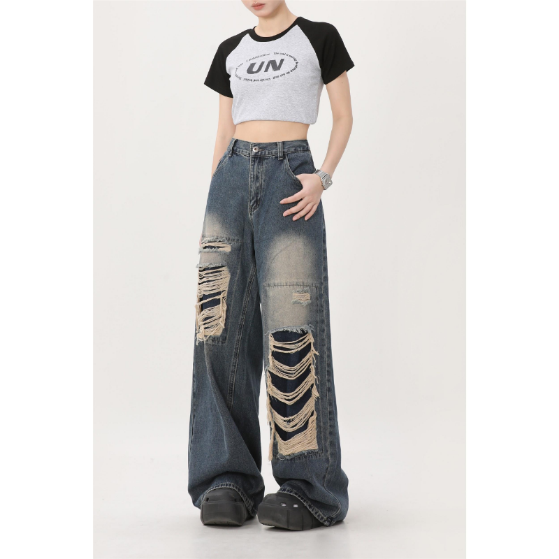 女性のレトロなストリートジーンズ,レトロなアメリカスタイル,色あせた,広い脚,ポケットパンツ