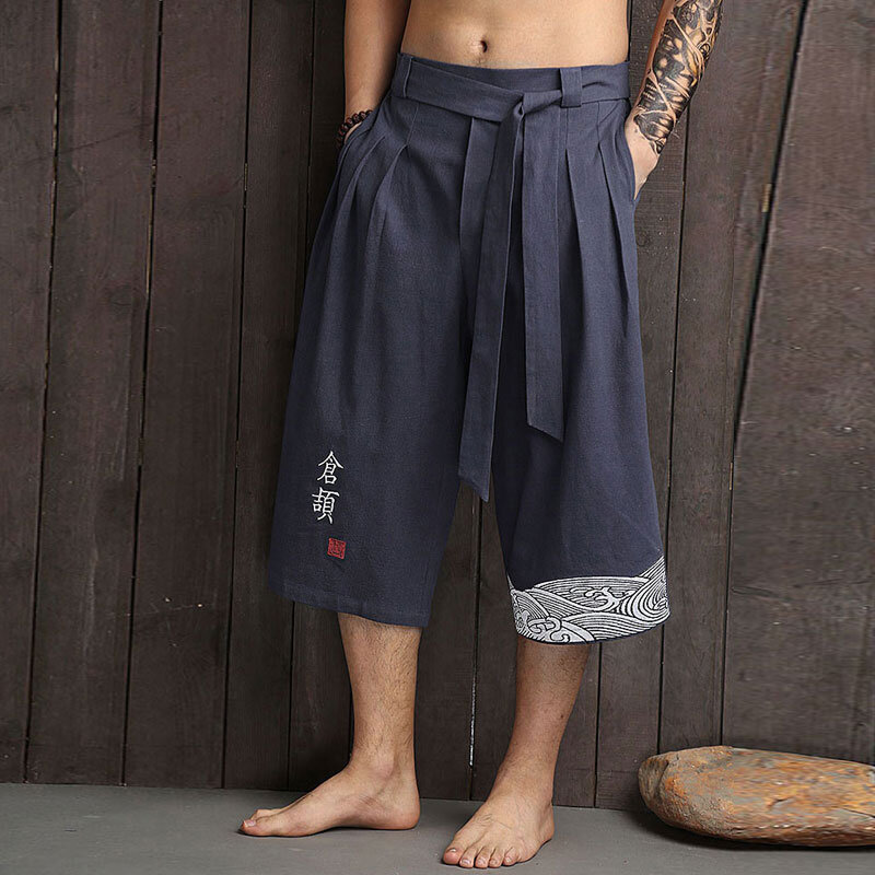 Мужские брюки, азиатская одежда, брюки для ванной, повседневные свободные мужские брюки в японском стиле, юката, льняные укороченные шорты
