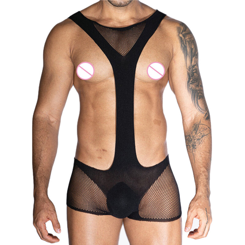 Sexy uomo See Through tuta collant a rete tuta trasparente Catsuits Open-End tentazione uniforme Sissy Lingerie erotica Homme