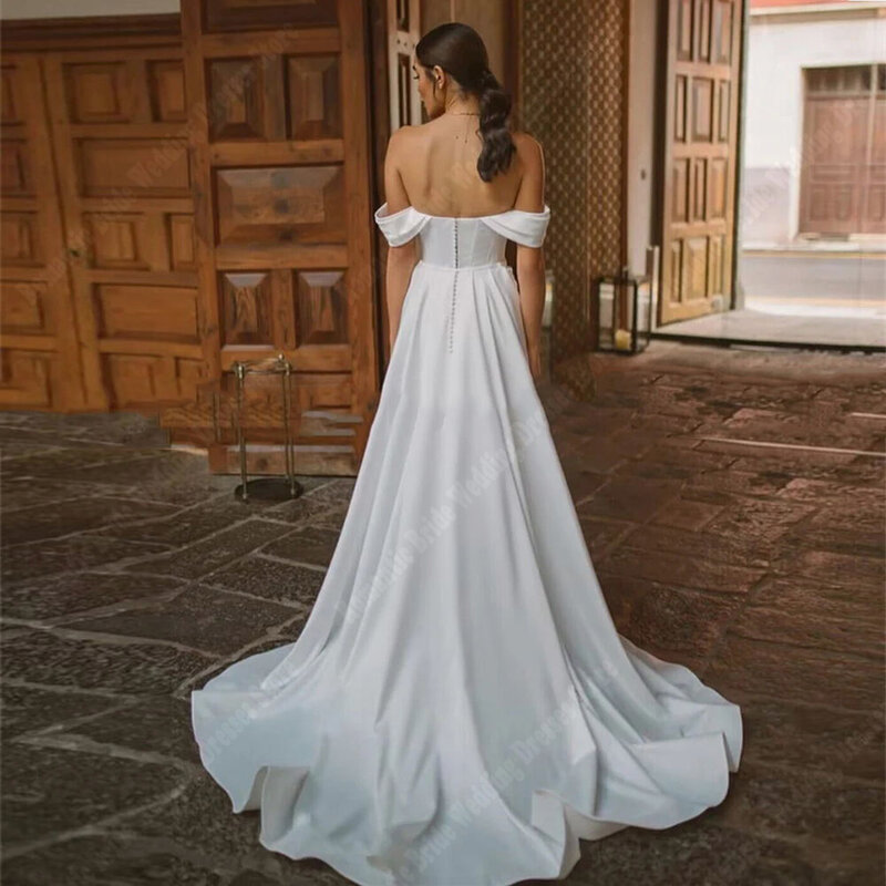 Illusion Off The Shoulder Princess Wedding Dresses Sexy Deep V Satin Surface Bridal Gowns Mopping Length Woman Vestidos De Novia