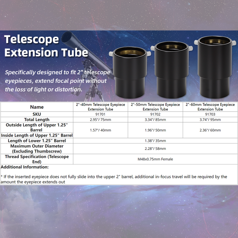 Tubo de extensão ocular, adaptador para comprimento focal do telescópio, 2 ", 40mm, 50mm, 60mm