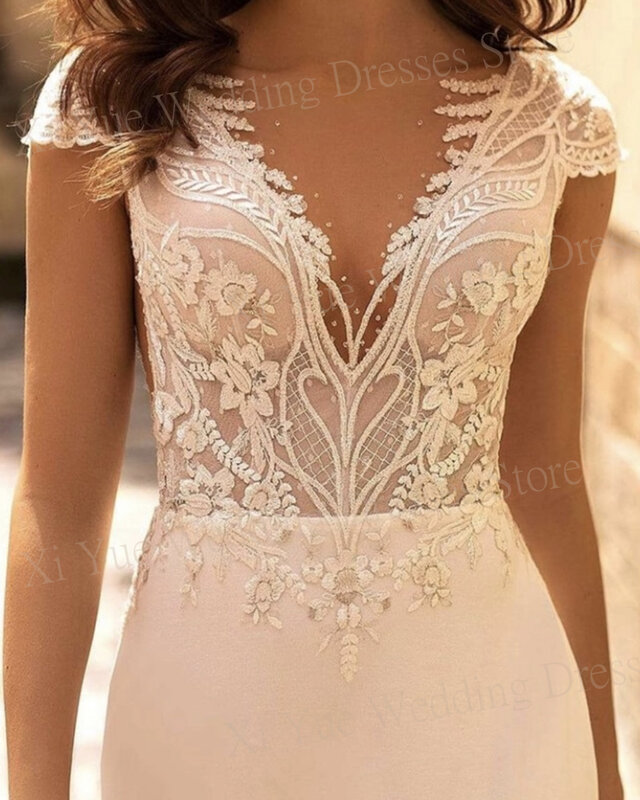 Simple Boho Deep V Neck Wedding Dresses Satin Lace Appliques Bride Gowns With New Backless Zipper Short Sleeve Vestidos De Novia