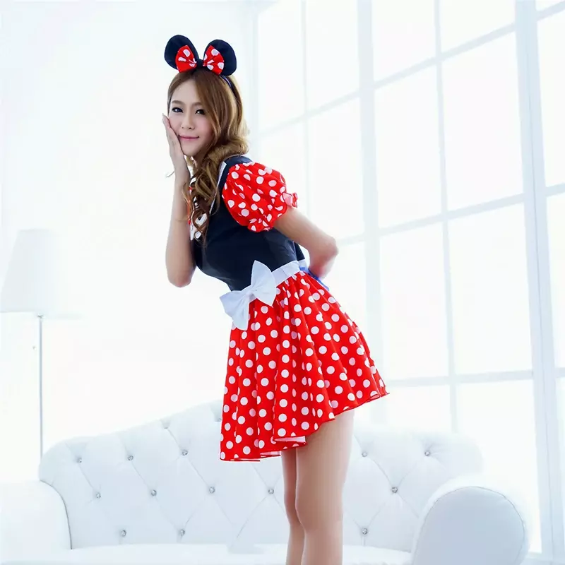 Minnie Mouse kostum gadis, kostum Disney Mickey Minnie, gaun musim panas, dewasa, Kartun Tikus, ikat kepala, kostum Natal Halloween