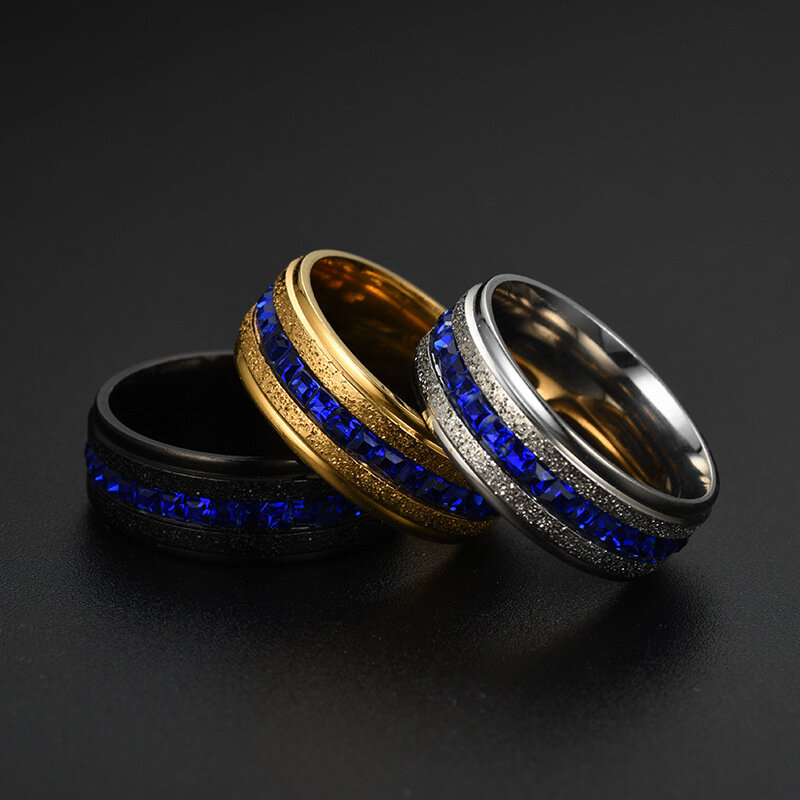 Anillo de compromiso de cristal cuadrado de Gema azul de lujo para hombres y mujeres, encanto de boda, regalo de joyería de acero inoxidable, moda de 8MM