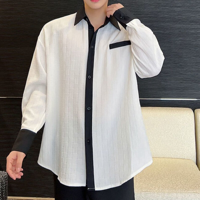 Рубашка мужская с отложным воротником, тонкая прямая Свободная блуза, модная хипстерская одежда в Корейском стиле, однотонная, на весну-лето