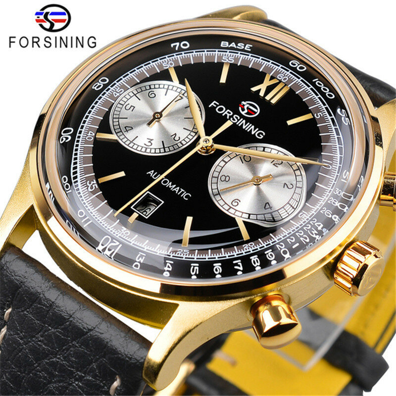 Forsining-Relógio Mecânico Automático com Caixa Dourada Masculina, Couro Genuíno, Presente Multifuncional, Design de Luxo e Casual, Top Brand, Fashion