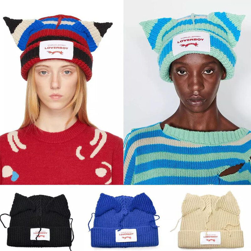 2022 Skullies invernali donne carine orecchie lunghe cappello di volpe cappello lavorato a maglia all'uncinetto Costume Beanie cappelli donna regalo di natale berretto Hip-hop