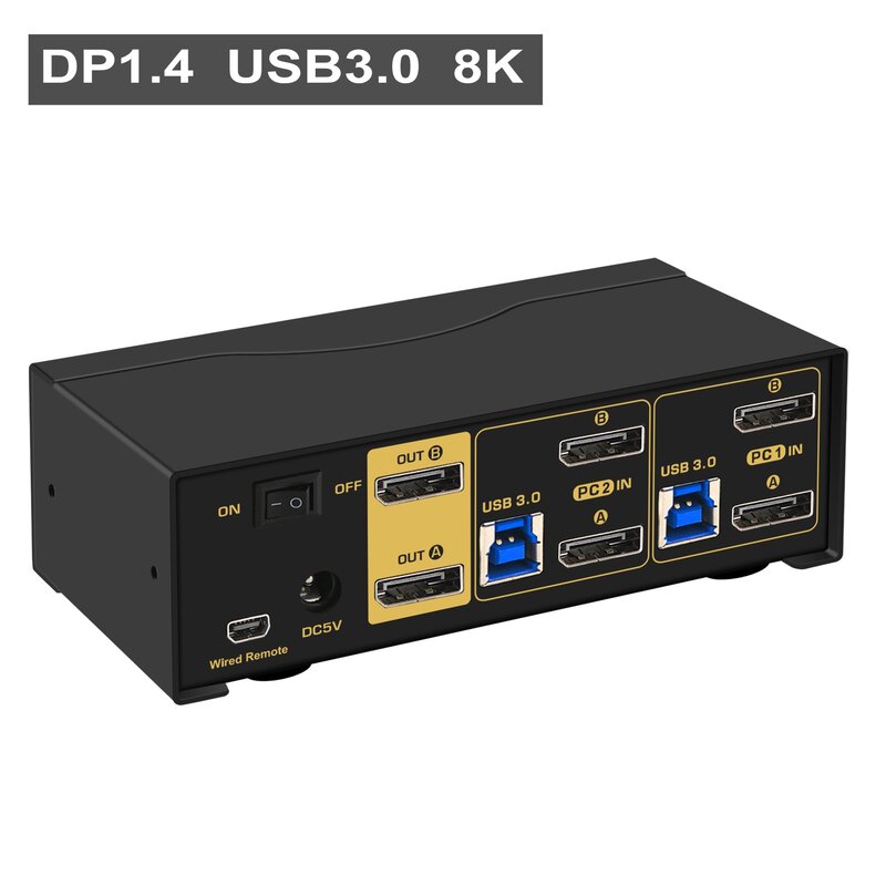 Monitor Dual Displayport KVM Switch de 2 puertos, DP1.4, pantalla extendida, 8K @ 60Hz, 4:4:4, con audio y concentrador USB 3,0