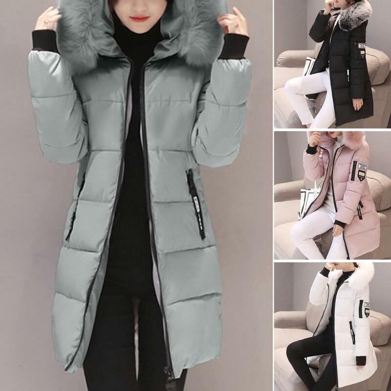 Casaco de algodão longo à prova de vento feminino, casaco de inverno com capuz, bolsos com zíper, espessado, quente, comprimento médio, baixo, fino