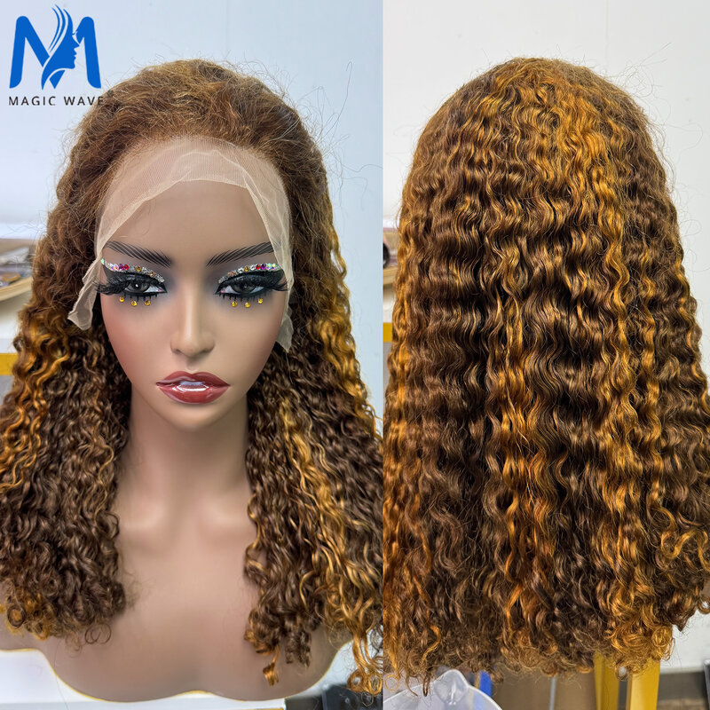 Peluca de cabello humano con ondas rizadas para mujer, postizo de encaje Frontal 13x4, 250 de densidad, resaltado rubio miel, Color Piano