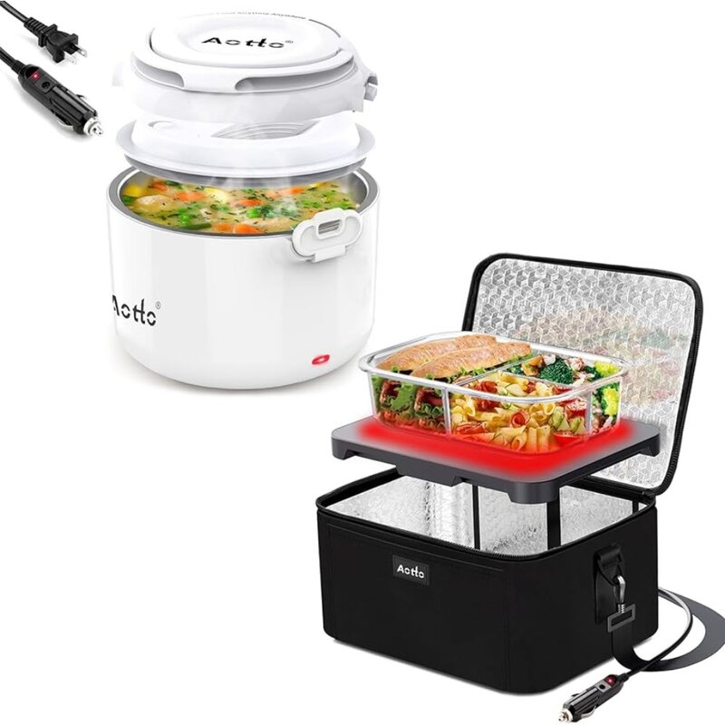 Portable Oven, 12V 24V 2-in-1 Portable Electric Heating Lunch Box Food Heater Bundle White and Black, Aotto