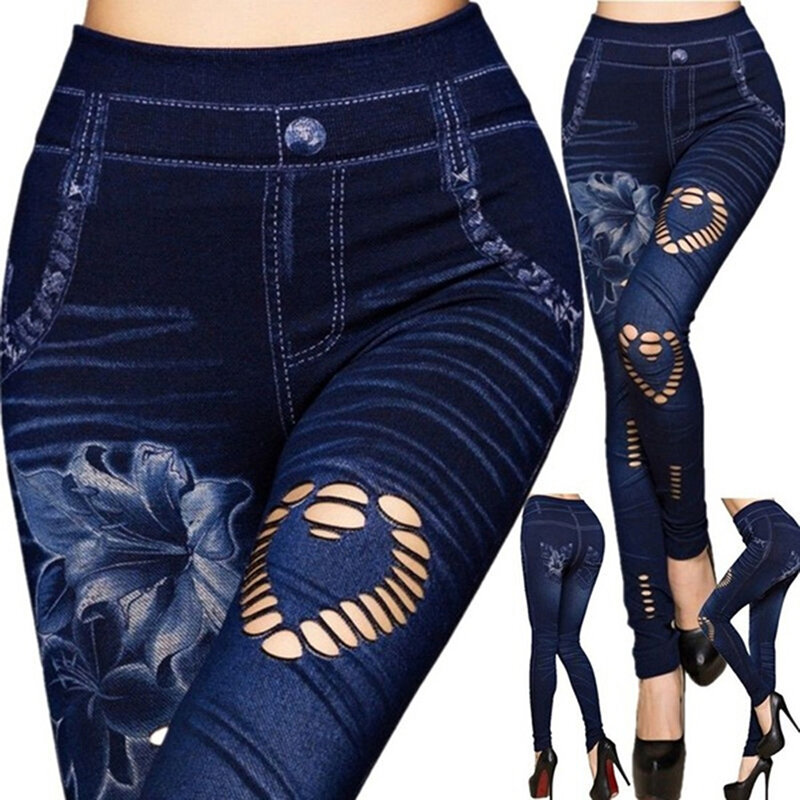 Gorąca, seksowna damska Jean Skinny spodnie typu Jeggings legginsy z wysokim stanem kobiet drukuj kostki legginsy Slim Fitness Plus rozmiar
