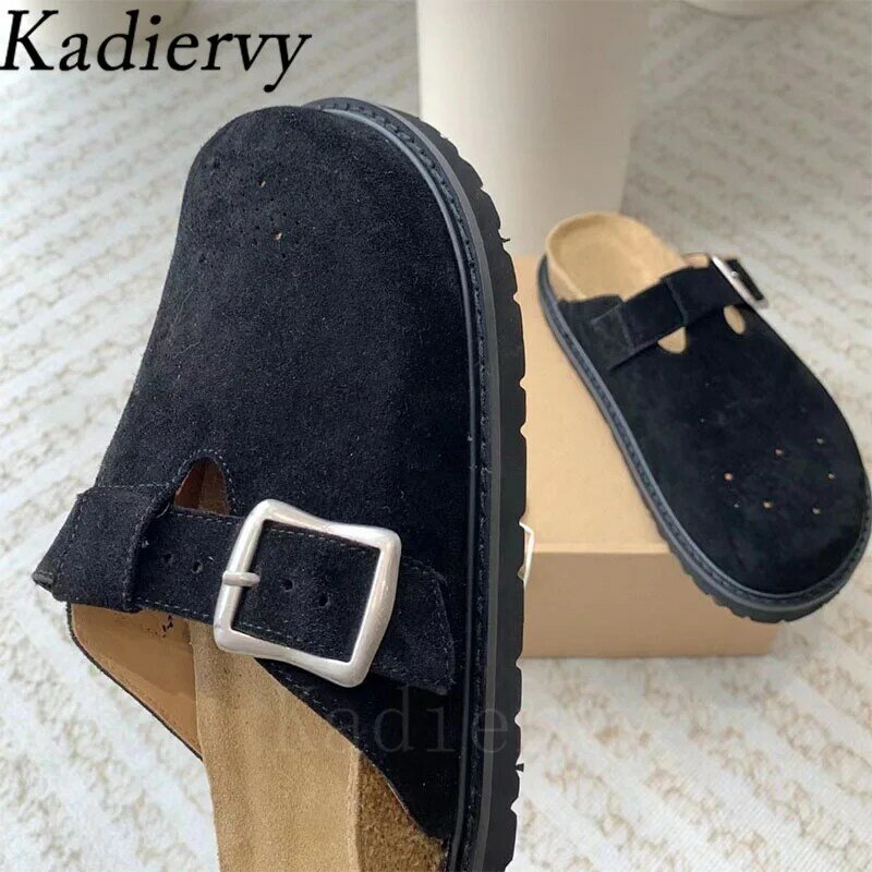 Luxury Nubuck Leather Flat Slippers Woman Round Toe Metal Buckle Slides Casual Shoes Women Thick Sole Half Slippers Women