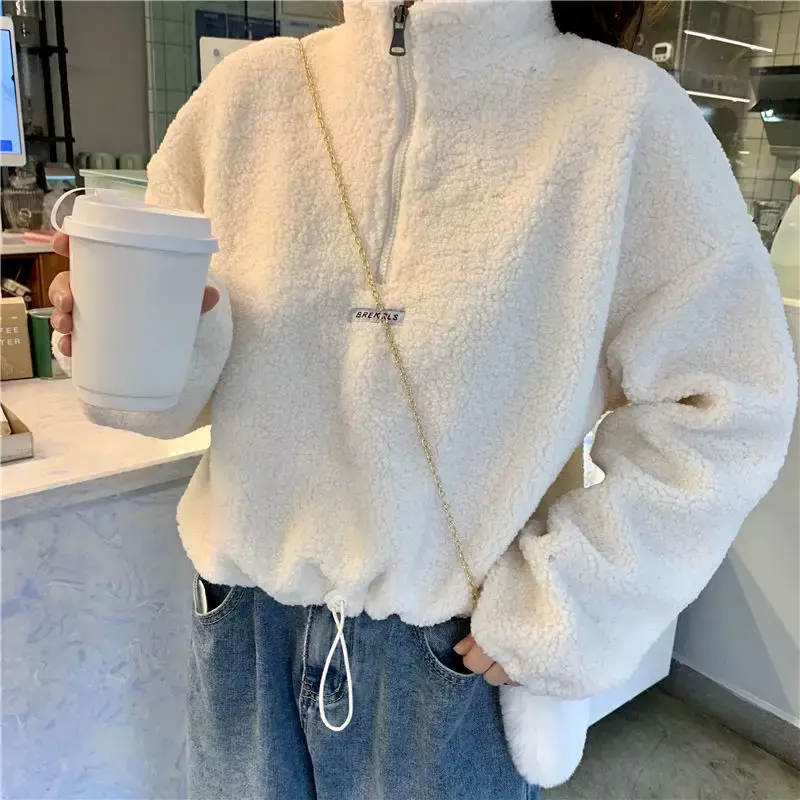 Autumn Winter Hoodies Female Loose Student Jacket Tops Women New Imitation Lamb Velvet Short Plus Velvet Thick Hooded Sweatshirt