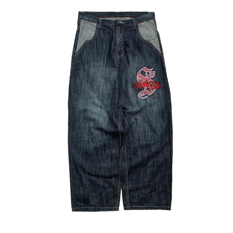 2024 New Retro Jeans Men's Y2K High Street Embroidered Hip Hop Fashion High Waist Straight Leg Loose Wide Leg Pants Street Wear