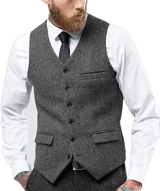 V-hals Heren Vest Slim Fit Single Breasted Visgraat Tweed Suits Vest Bruidsjonkers Voor Bruiloft
