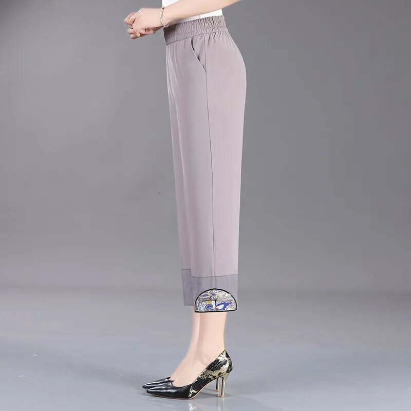 Pantalones cortos finos para mujer, pantalón recto elástico de cintura alta, estilo chino, bordado, informal, de mediana edad, Verano