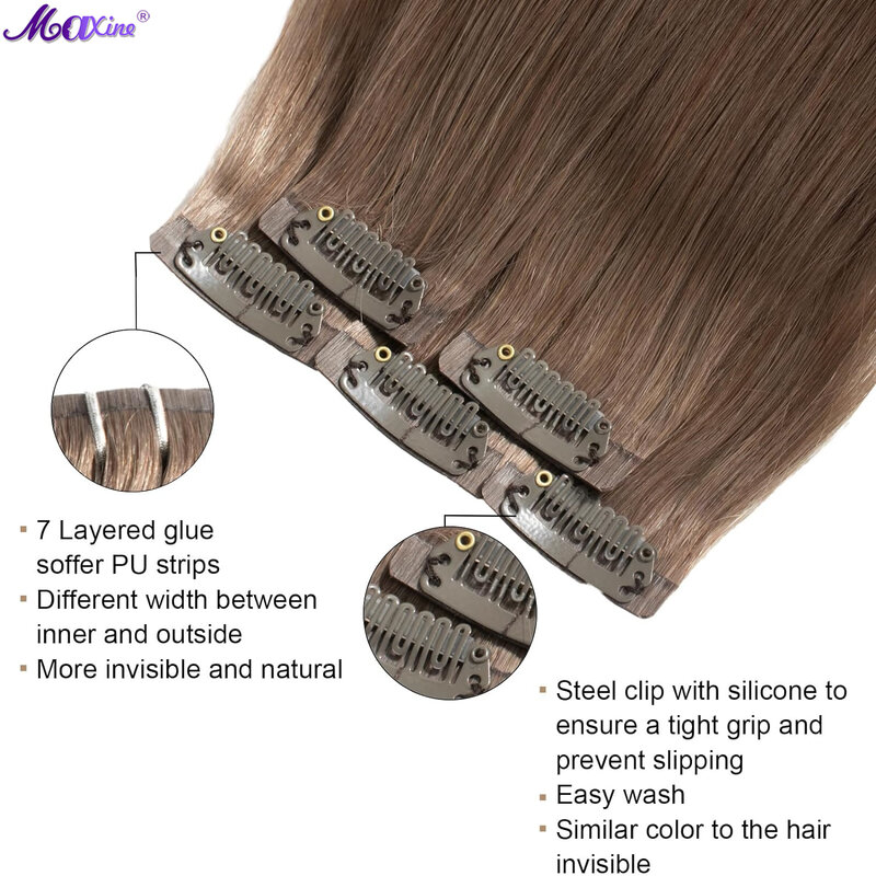 Klip dalam ekstensi rambut manusia pirang Platinum rambut Remy asli dengan bahan Pu tak terlihat 18 inci rambut lurus alami klip rambut ins