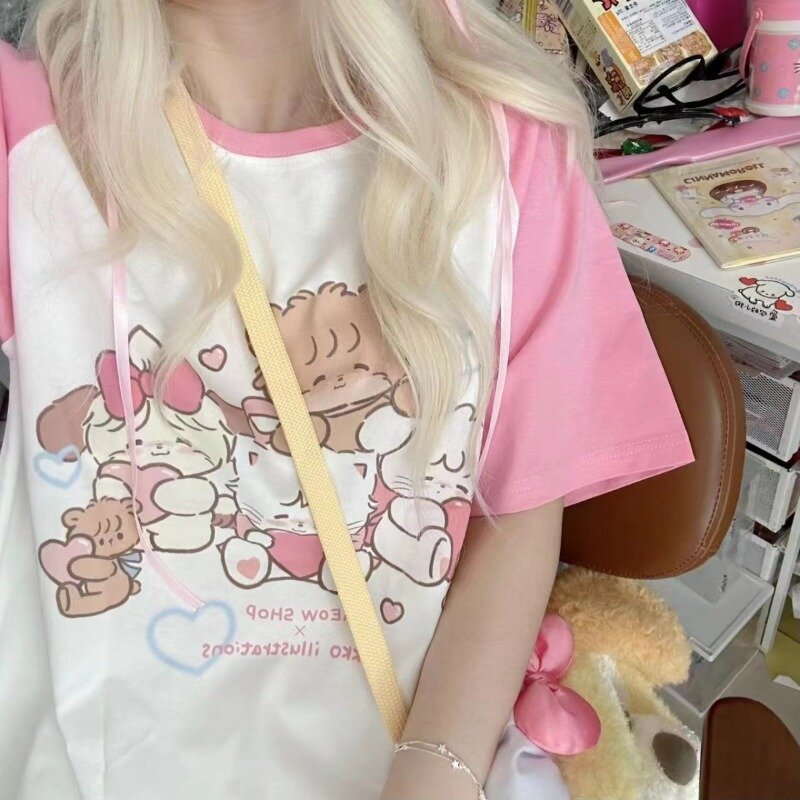 Deeptown maglietta a maniche corte rosa carina per le donne magliette Oversize estive Kawaii stile giapponese 2000s Y2k Harajuku Anime Tees