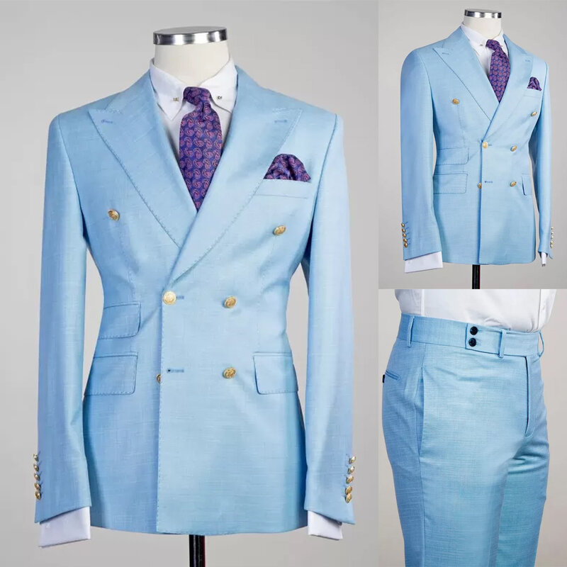 Esmoquin de boda para hombre, Blazer Formal de negocios, con solapa de pico, doble botonadura, color azul cielo, Primavera, 2 piezas