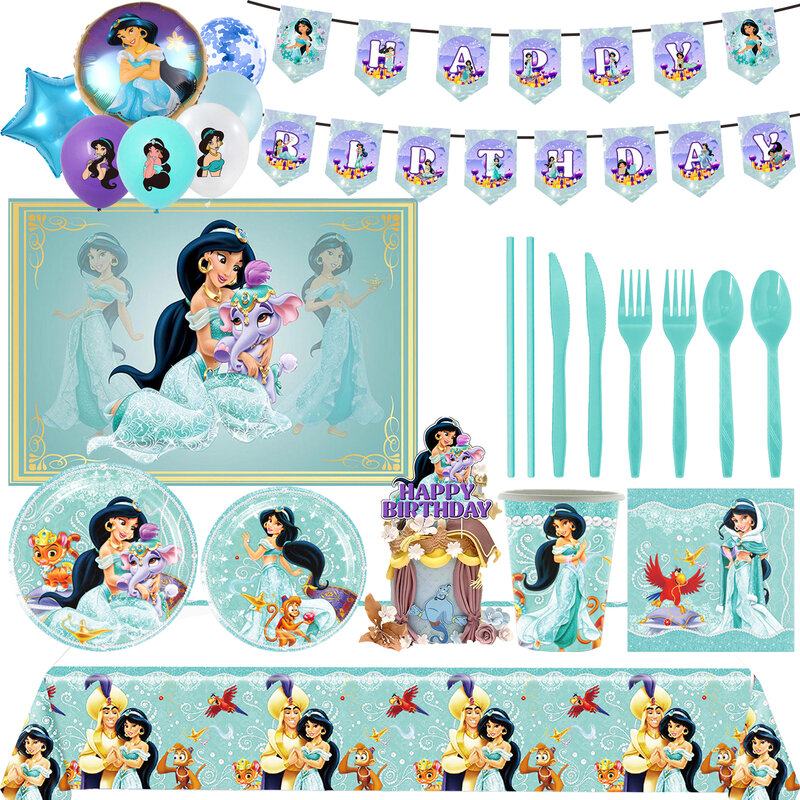 Aladdin tema decorativo descartável talheres, festa de aniversário, jasmim princesa, fundo balão, chuveiro de bebê, presente para criança, menina, novo