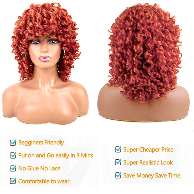 Curto Afro Kinky Curly Perucas para mulheres negras, cachos soltos macios, cosplay africano sintético, peruca marrom natural do Bob