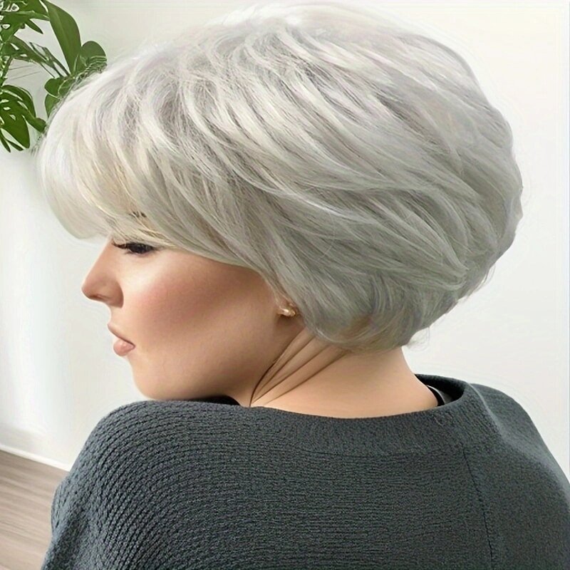 Short Straight Hair for Women Gray Synthetic Wigs with Bangs Soft Healthy Mommy Daily Wig Female Cosplay Party