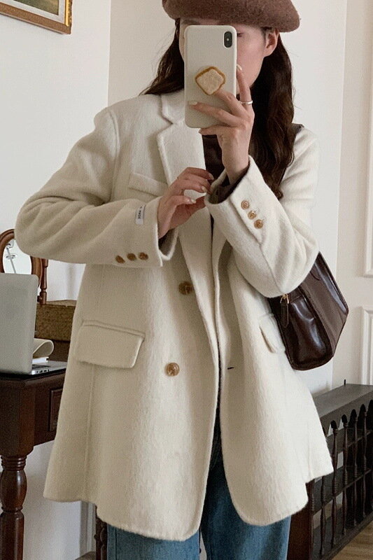 VANOVICH-Casaco de peito único feminino, casaco casual de lã, botão de design solto, manga comprida entalhado, monocromático, nova moda, outono, 2023