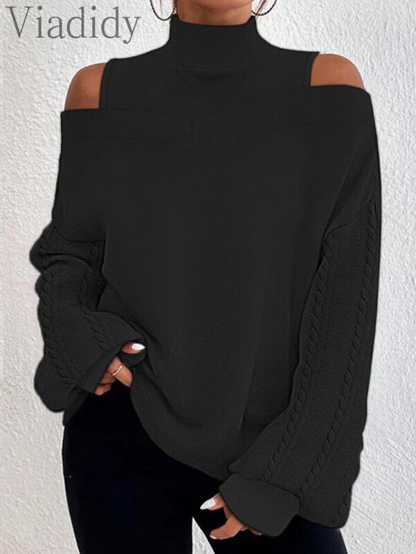 Women Casual Cold Shoulder Patchwork Pullover Lantern Sleeve Top