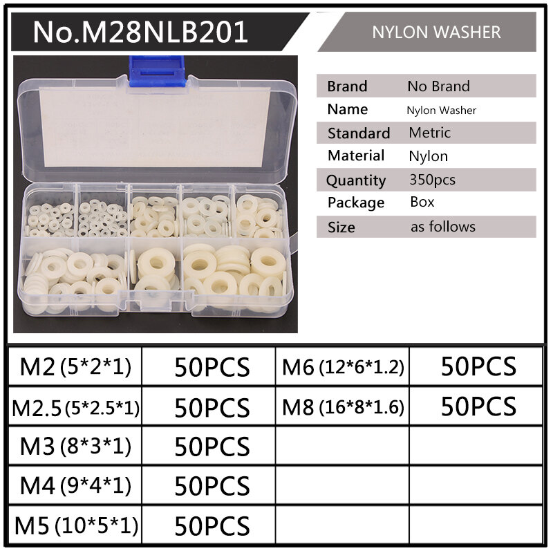 350PCS HARD TYPE Nylon Washer Flat Gasket M2 M2.5 M3 M4 M5 M6 M8 White Plastic Sealing O-rings Washer Assortment Kit Black