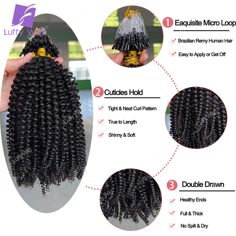 Luffy-Afro Kinky Curly Micro Loop Extensão do Cabelo Humano, Cabelo Remy Mongol, Micro Beads, Pacotes de Anel, Pacotes de Link