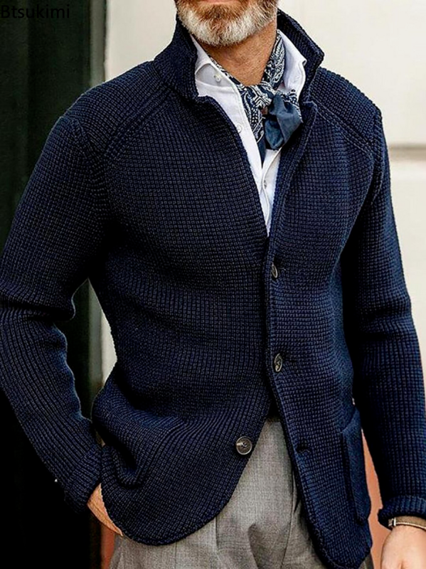 2023 Mens Stand Collar cappotto lavorato a maglia maglione manica lunga Cardigan giacca Patchwork caldo Cardigan Casual maglia maglione maschile