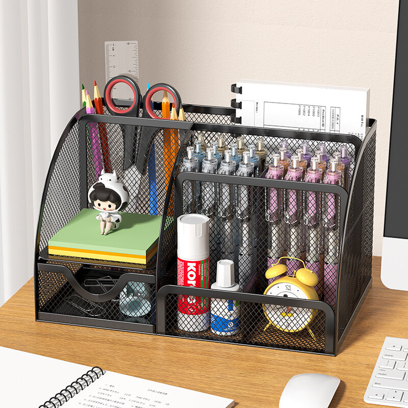 منظم أدوات مكتبية شبكي ، حامل أقلام مكتب ، لوازم مكتبية ، مذكرات ، 7 أقسام ، أدراج صغيرة ، متعددة الألوان