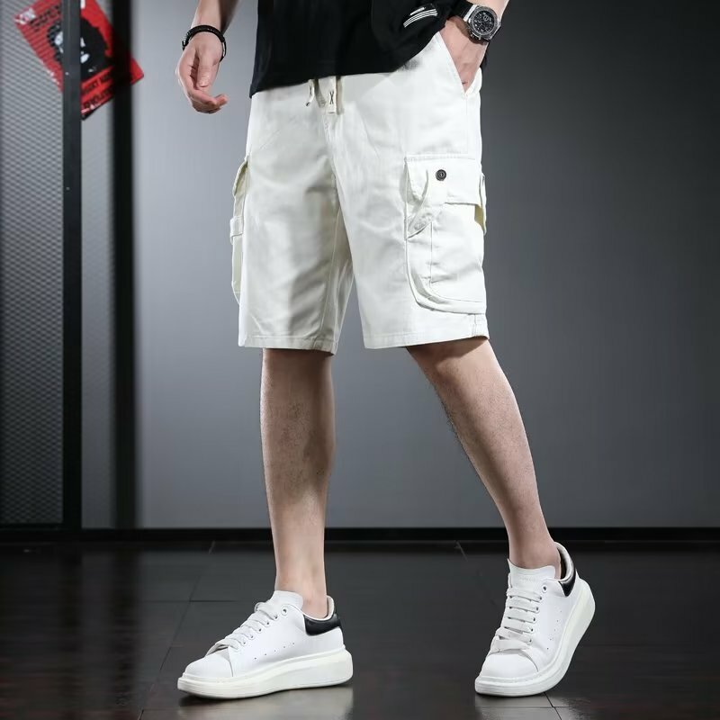Celana pendek kargo kaki lebar pria, bawahan serut pinggang sedang kantong polos longgar Sporty gaya Jepang Harajuku sepanjang lutut untuk Fitness luar ruangan