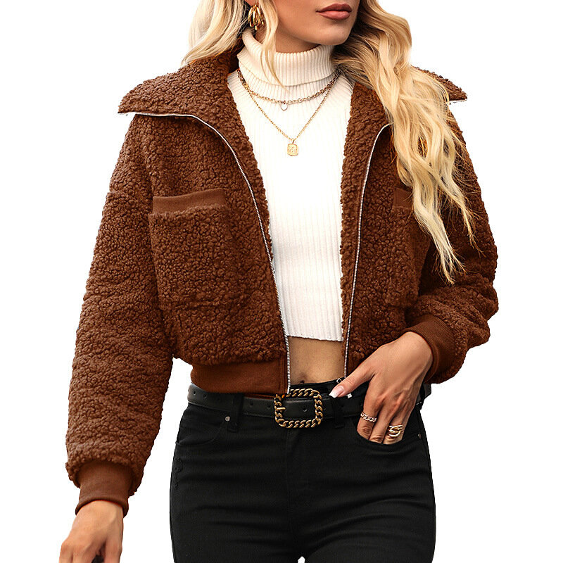Женская Роскошная теплая куртка из искусственного меха, пушистый флисовый теплый топ, Женская Популярная уличная одежда, короткое пальто из искусственной овечьей шерсти