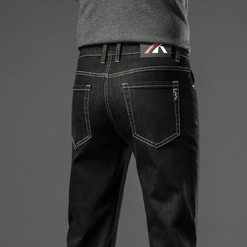 Jeans Stretch Straight Casual Masculino, Calças de bolso estampadas, finas, macias, elásticas, jeans, azul, preto, roupas masculinas, na moda
