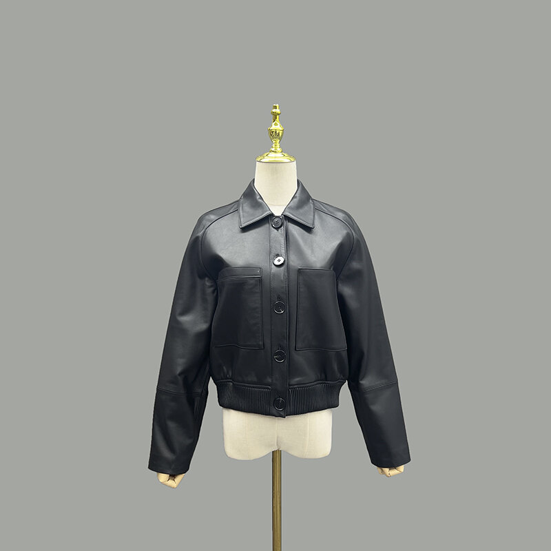 MISSJANEFUR-Jaqueta de couro real com bolso para mulheres, colarinho de lapela, alta qualidade, genuíno, moda, 2024